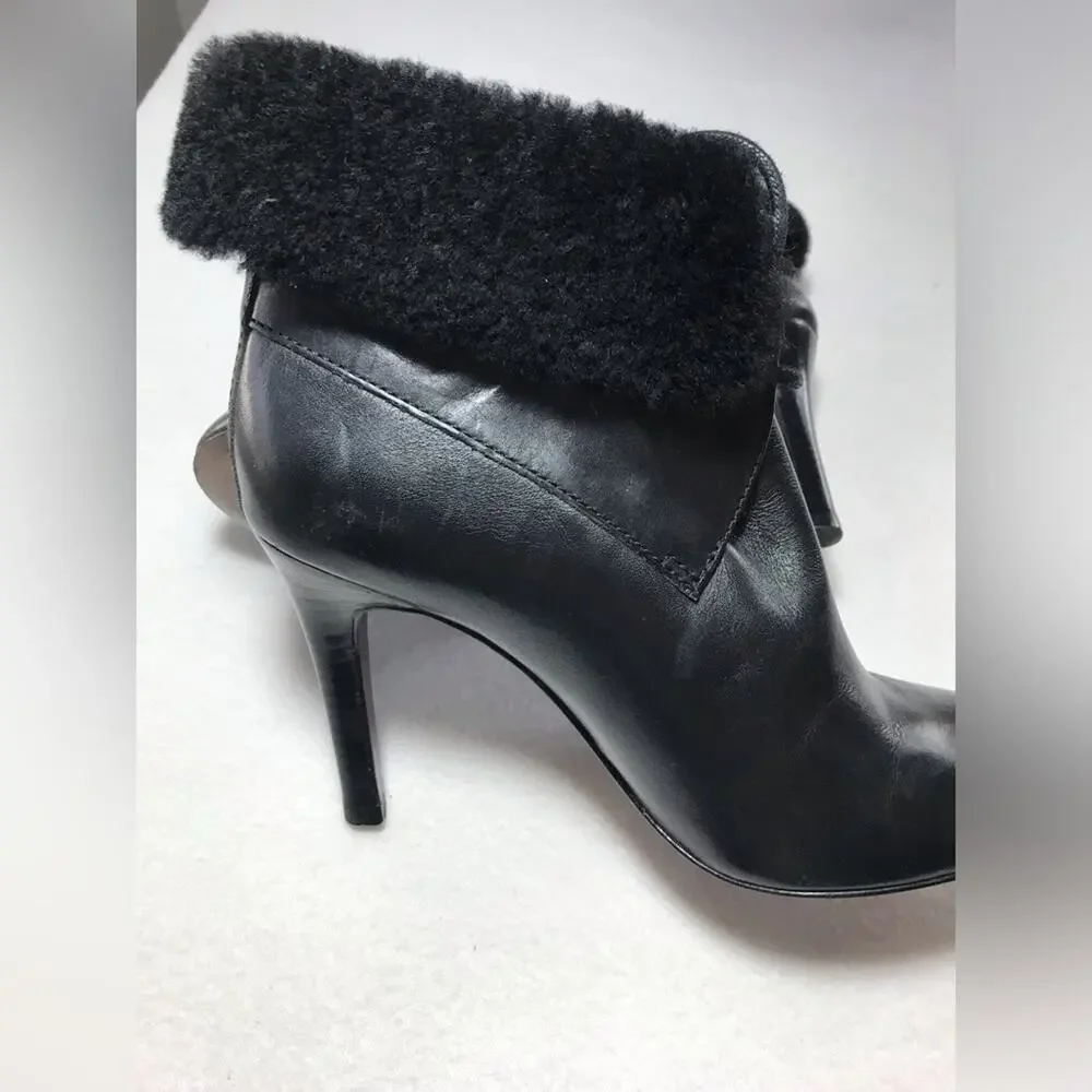 Coach black leather malia 7.5 cuff shearling tie up heels stiletto sexy lace up